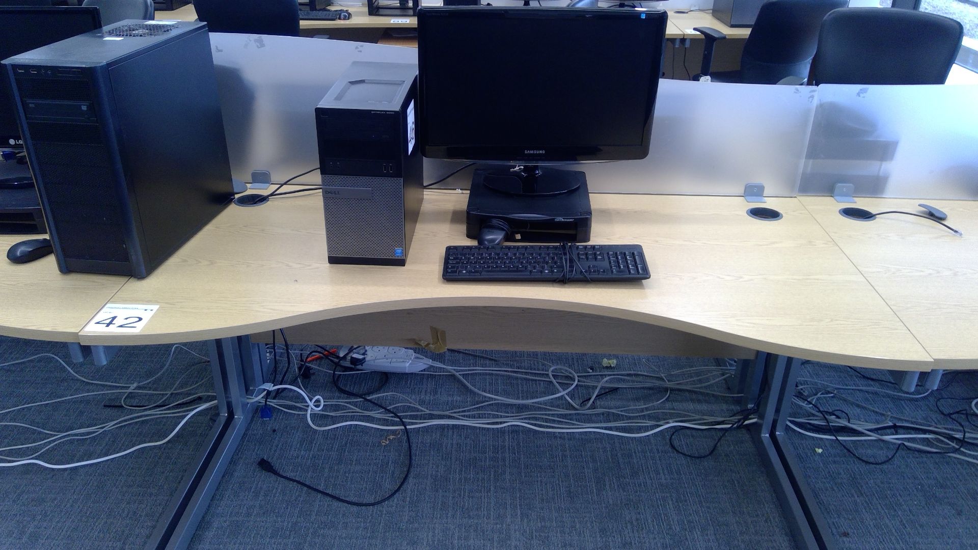 Oak effect ergonomic desk complete with opaque desk divider