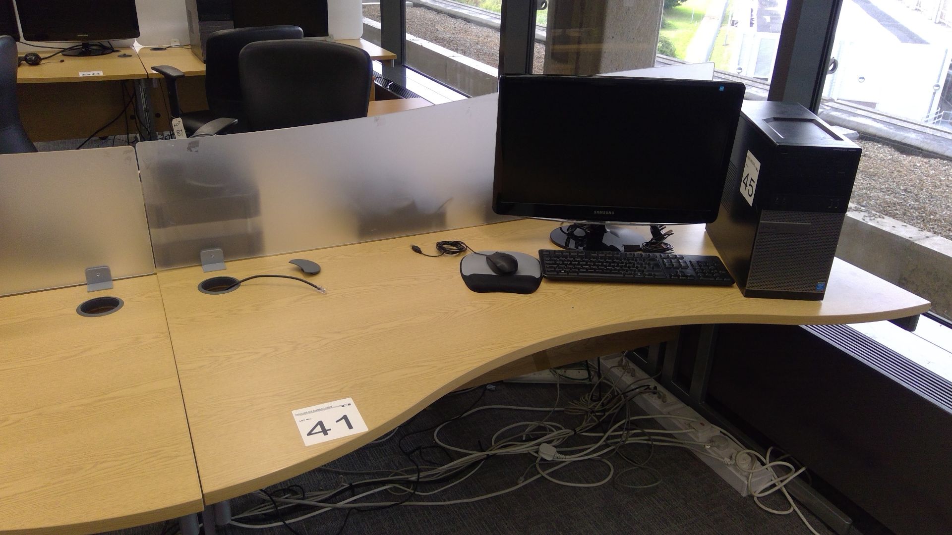 Oak effect ergonomic desk complete with opaque desk divider