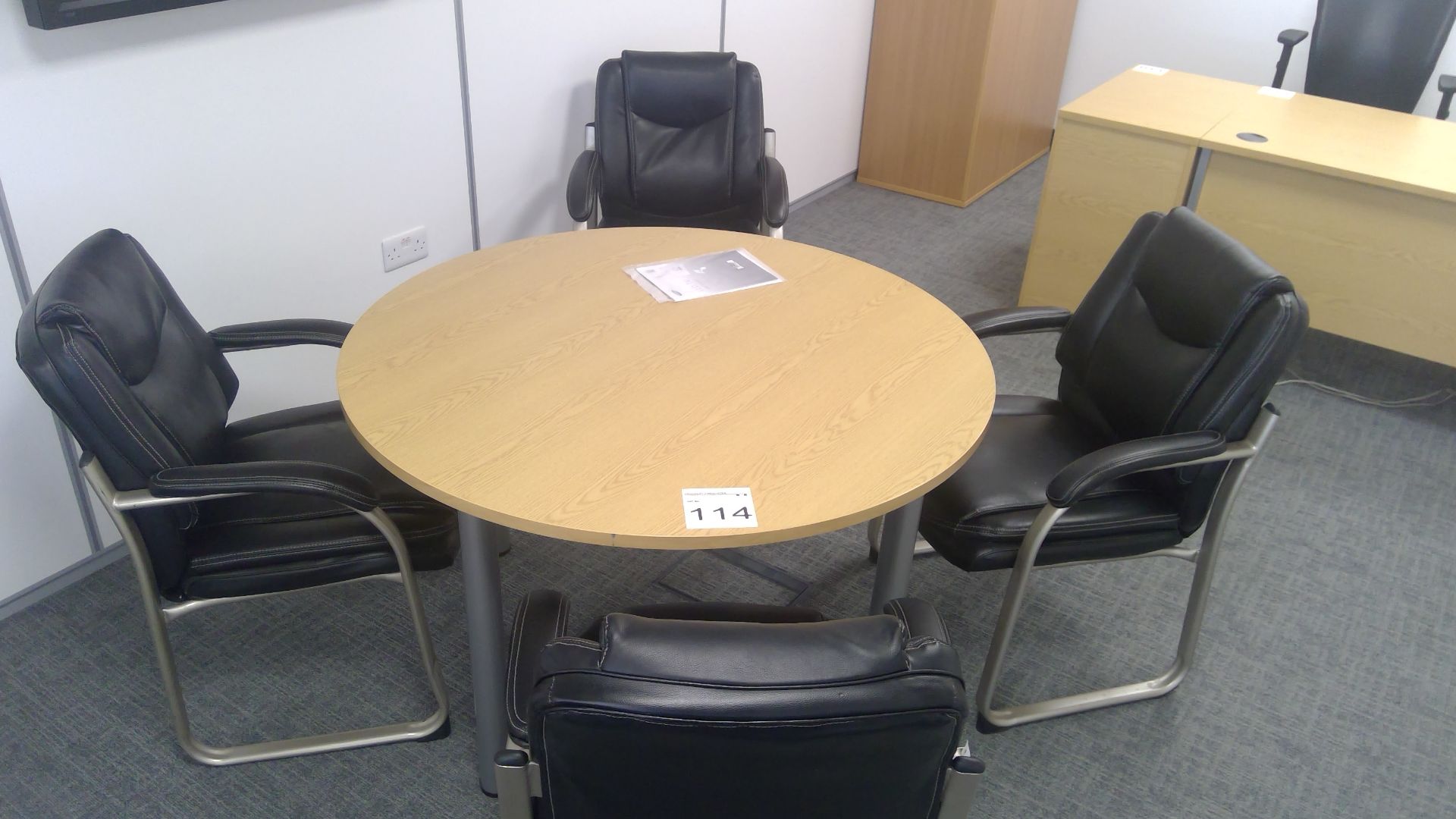 Oak effect circular meeting tablewith 4 No. armchairs