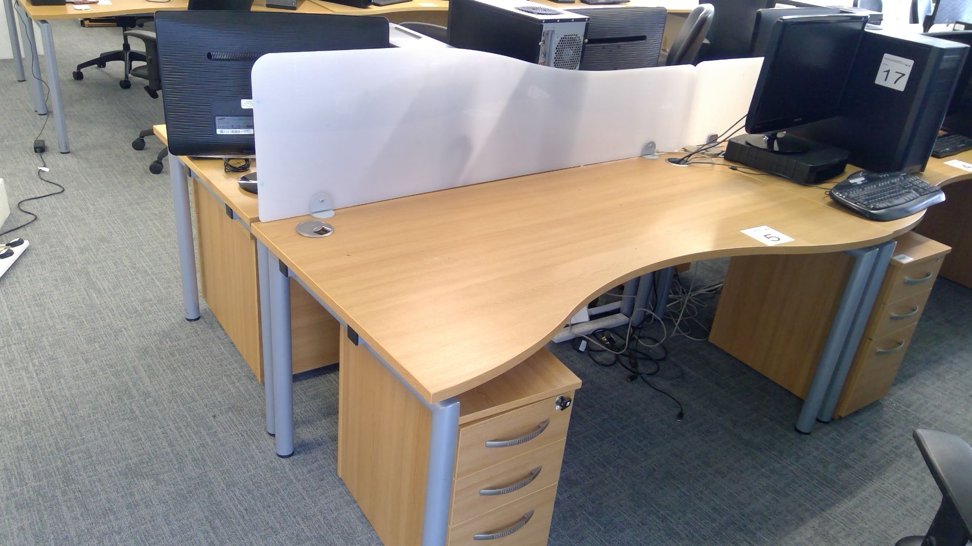 Oak effect ergonomic desk complete with matching 3 drawer pedestal