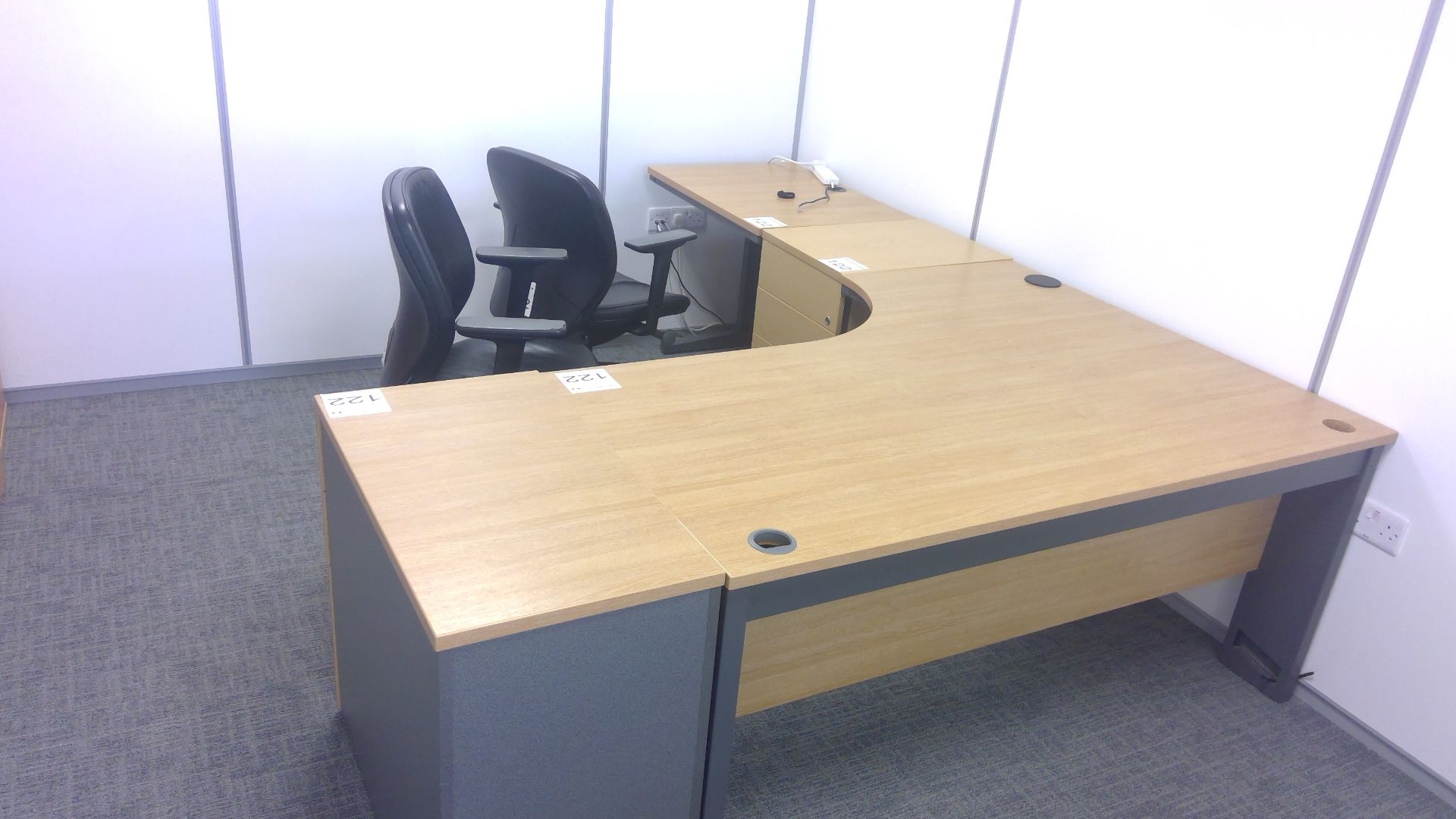 Oak effect ergonomic desk complete with 2 No. 3 drawer pedestals, work station and 3 way adjustable