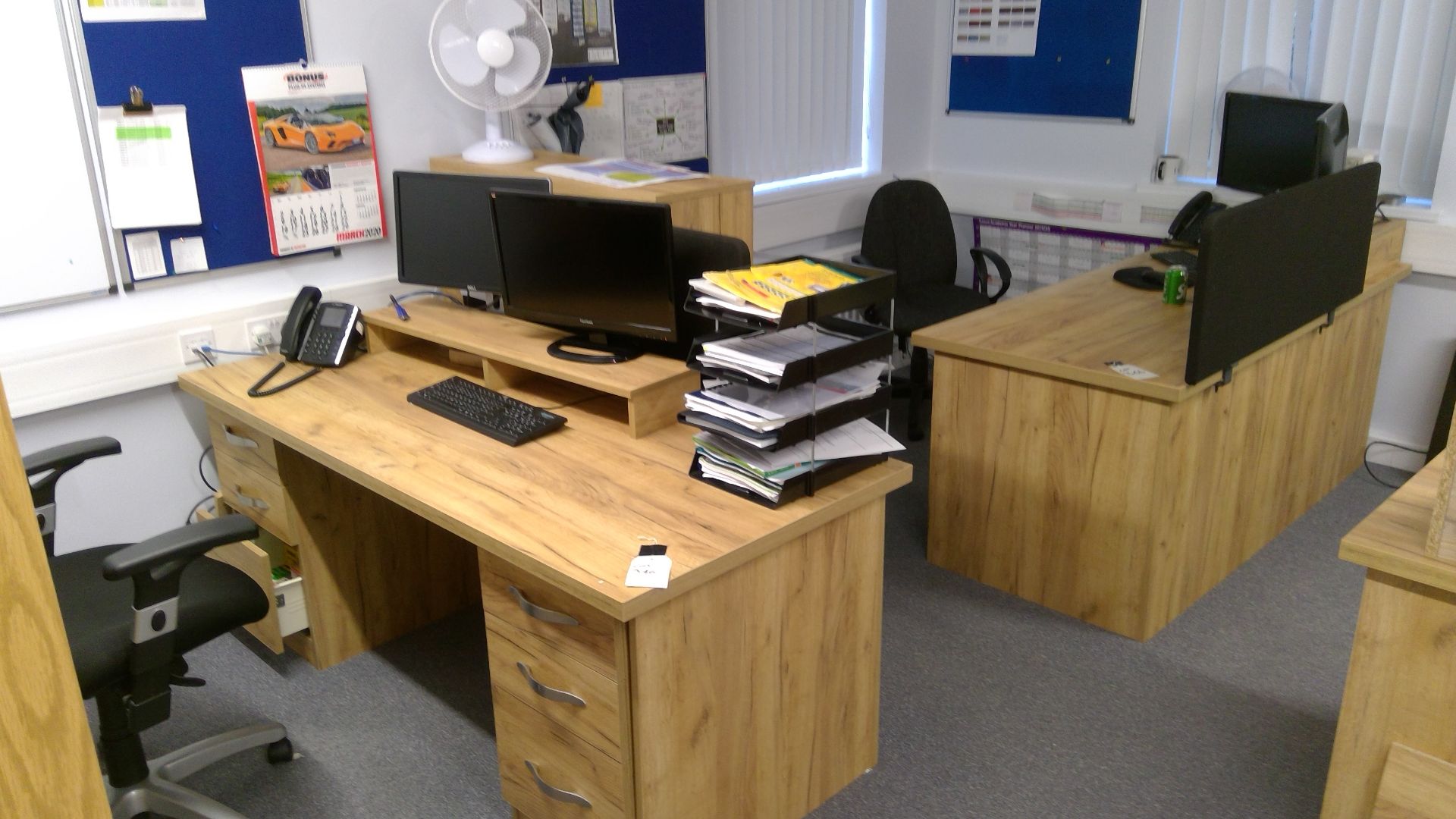 Office suite comprising oak effect double pedestal desk, 2 single pedestal desks, 4 bookcases, filin