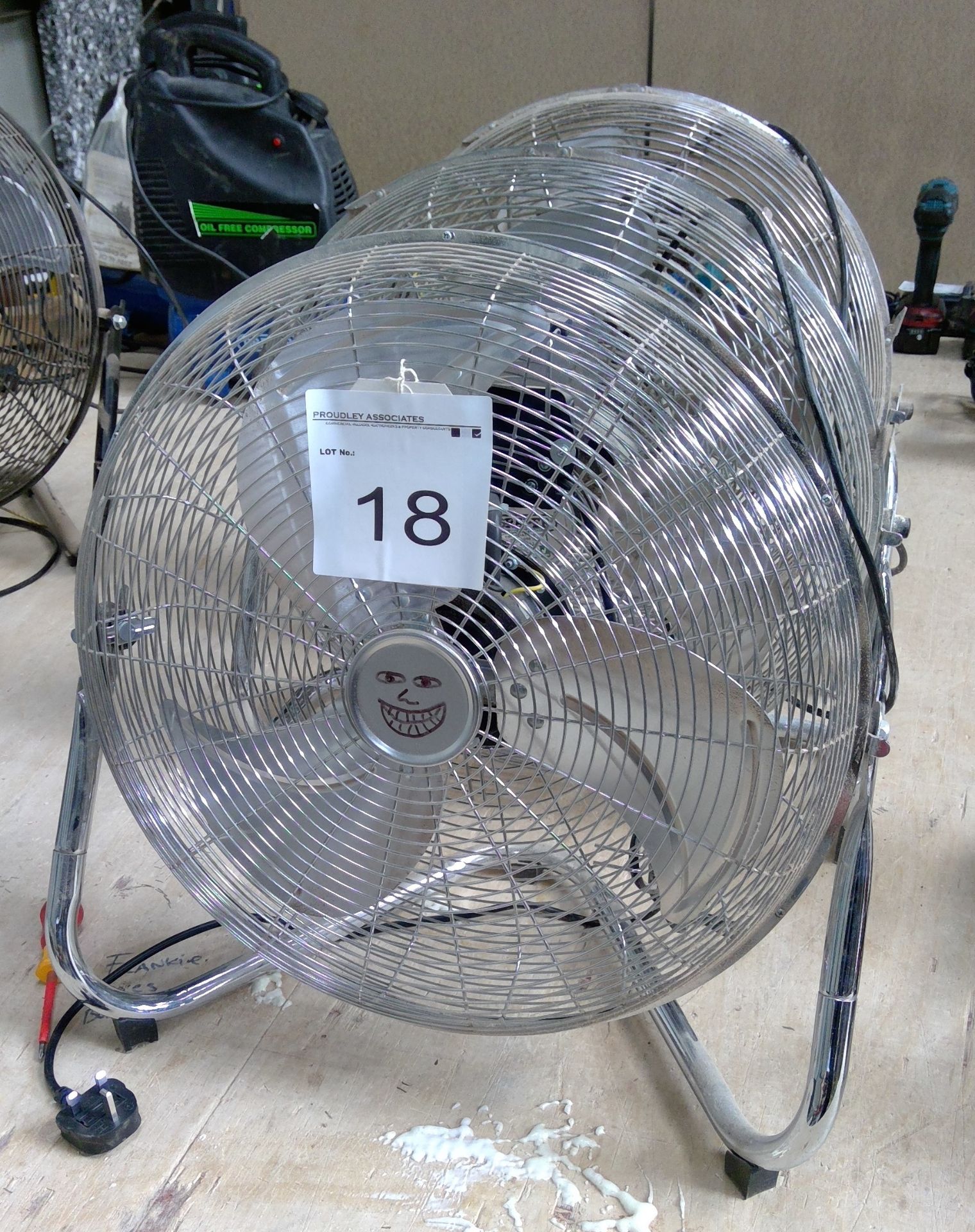 3 No. Clarke 240v 18 inch chrome effect industrial floor fans