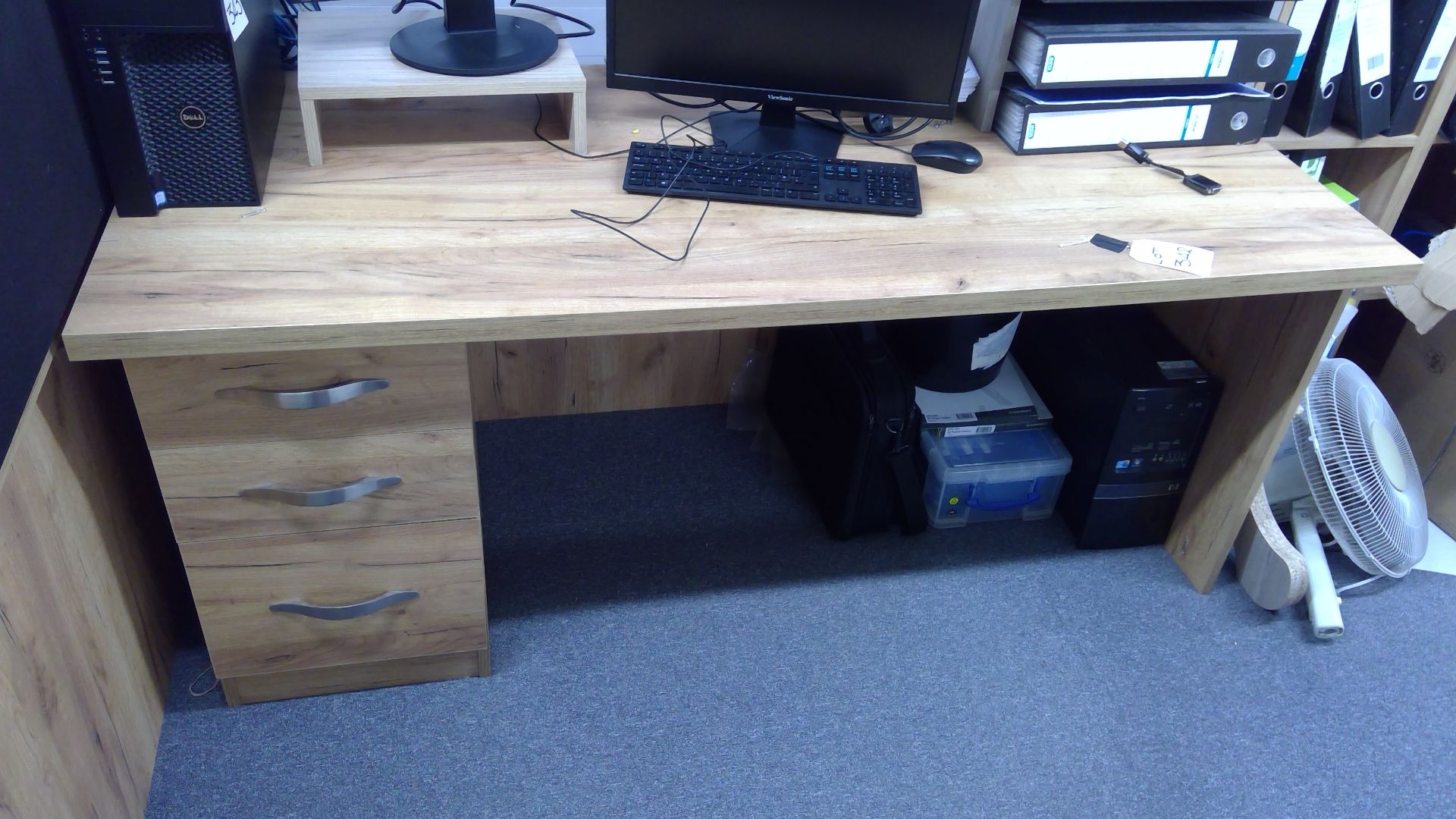 Oak effect single pedestal desk with 3 No bookcases and 3 No chairs