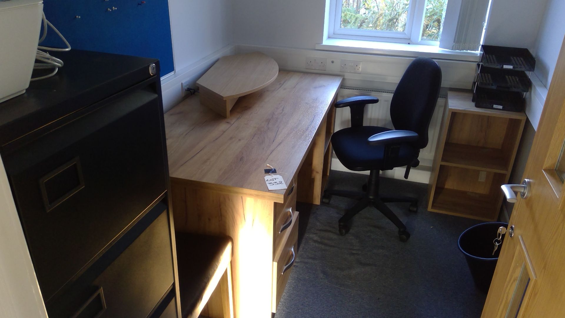 Contents of office 1 to include black 4 drawer filing cabinet, 2 chairs oak effect desk and pedestal