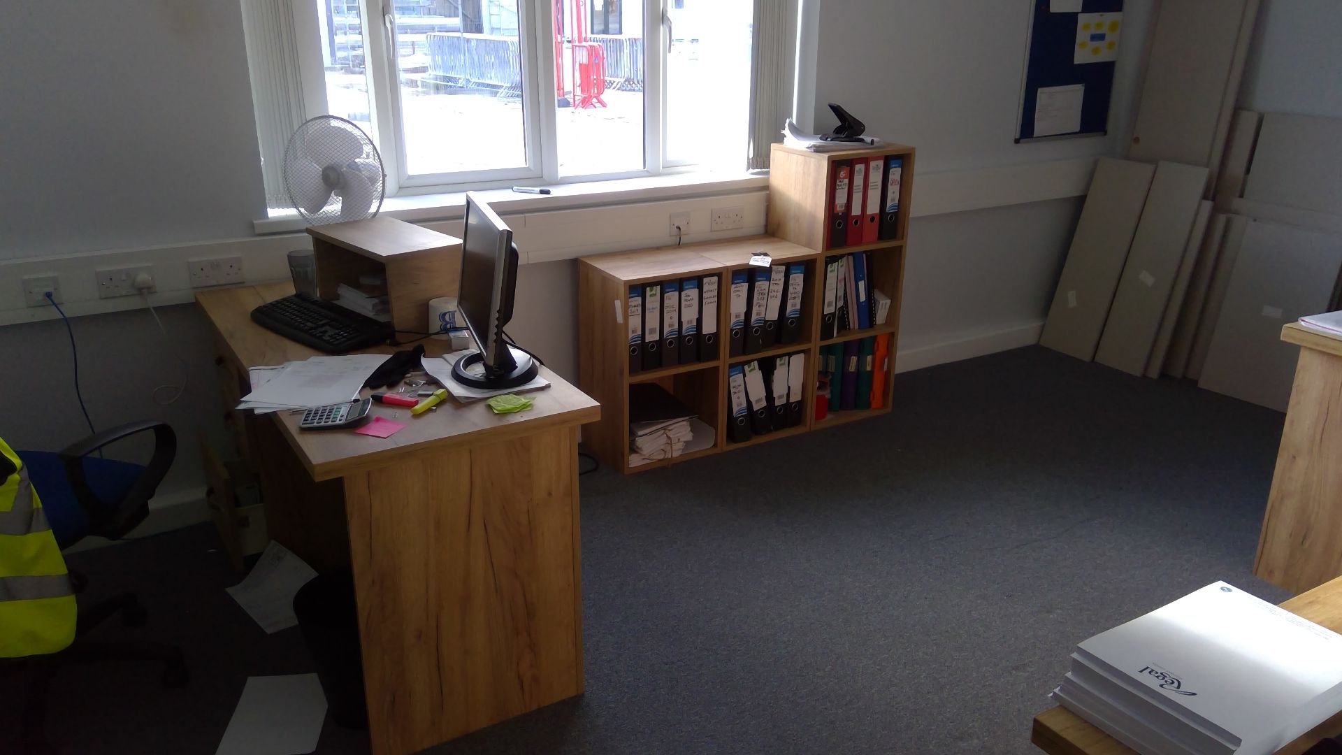 Contents of office 4 to include 3 No oak effect desks, 2 pedestals, 3 bookcases and 2 assorted chair