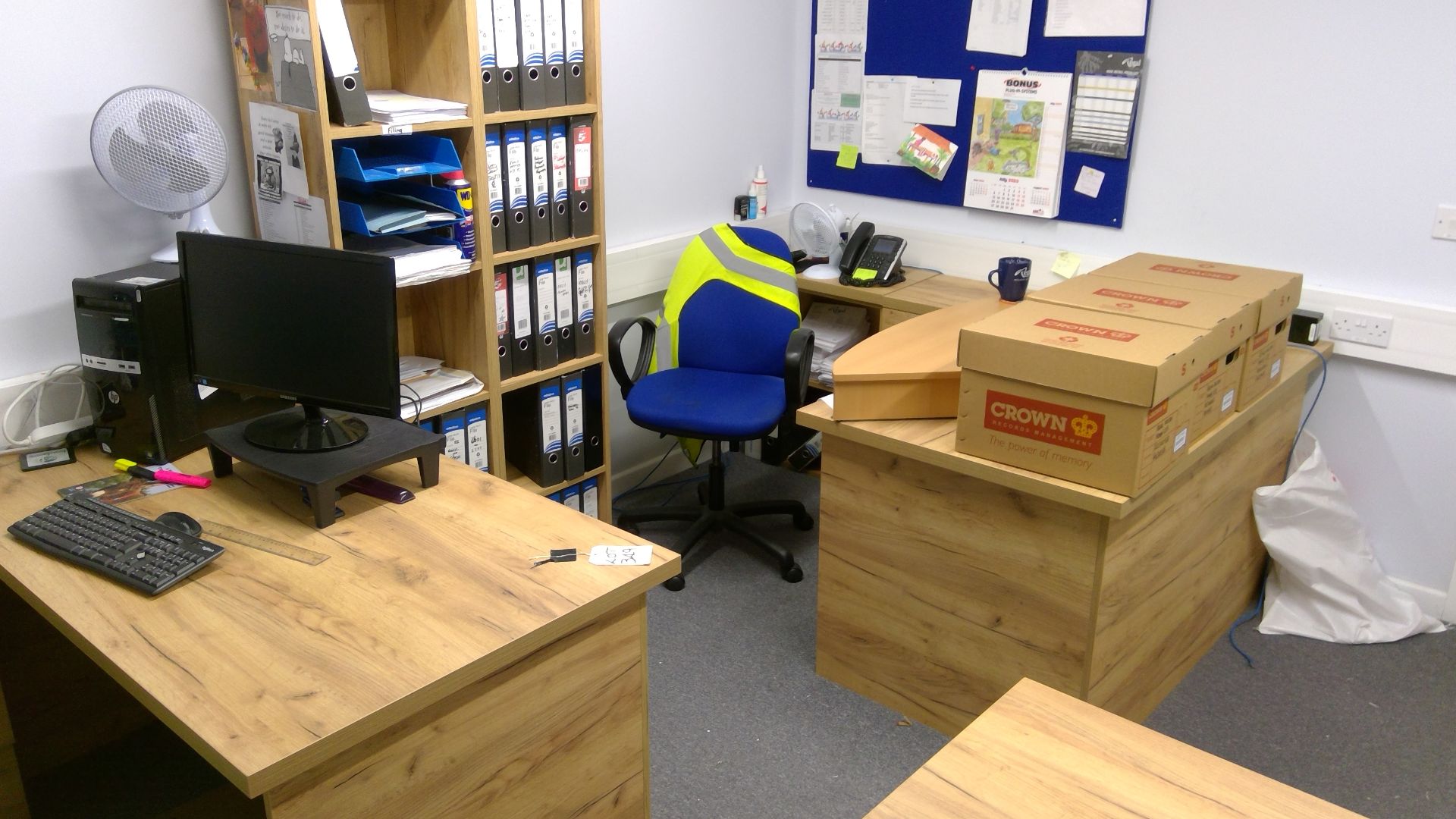 Contents of office 7 to include 3 No oak effect desks, 3 No pedestals, filing cabinet, 5 No bookcase - Image 2 of 2