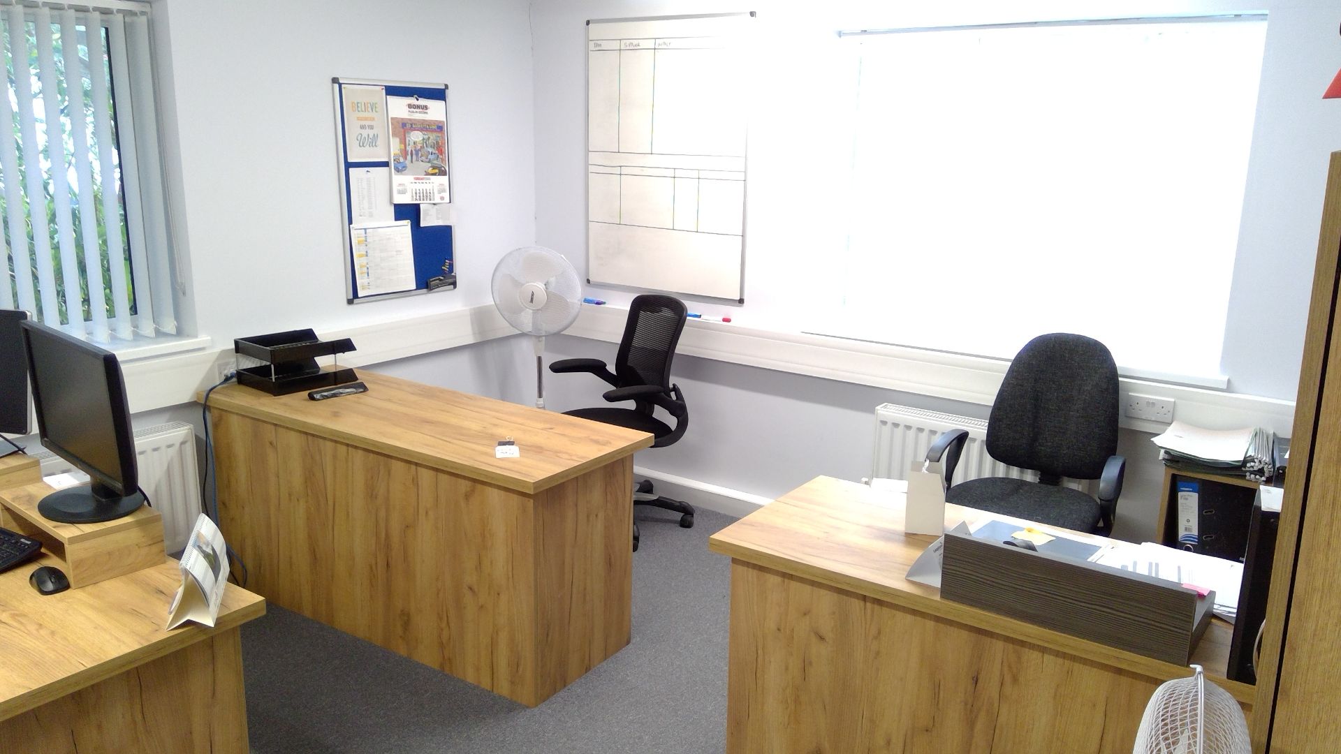 Contents of office 10 to include 3 No oak effect single pedestal desks , 1 stationary cupboard, 5 No