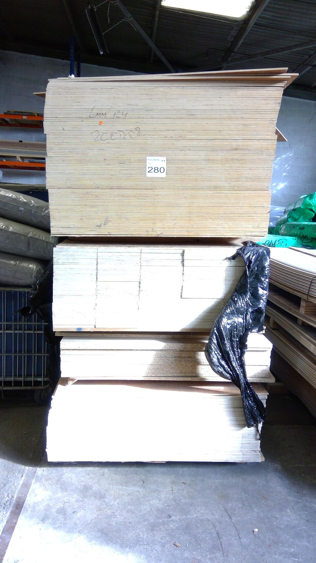 Approx 150 sheets 6mm plywood, 12 sheets 18mm chipboard, 125 No. 2.4m x 240mm x 18mm plywood boards