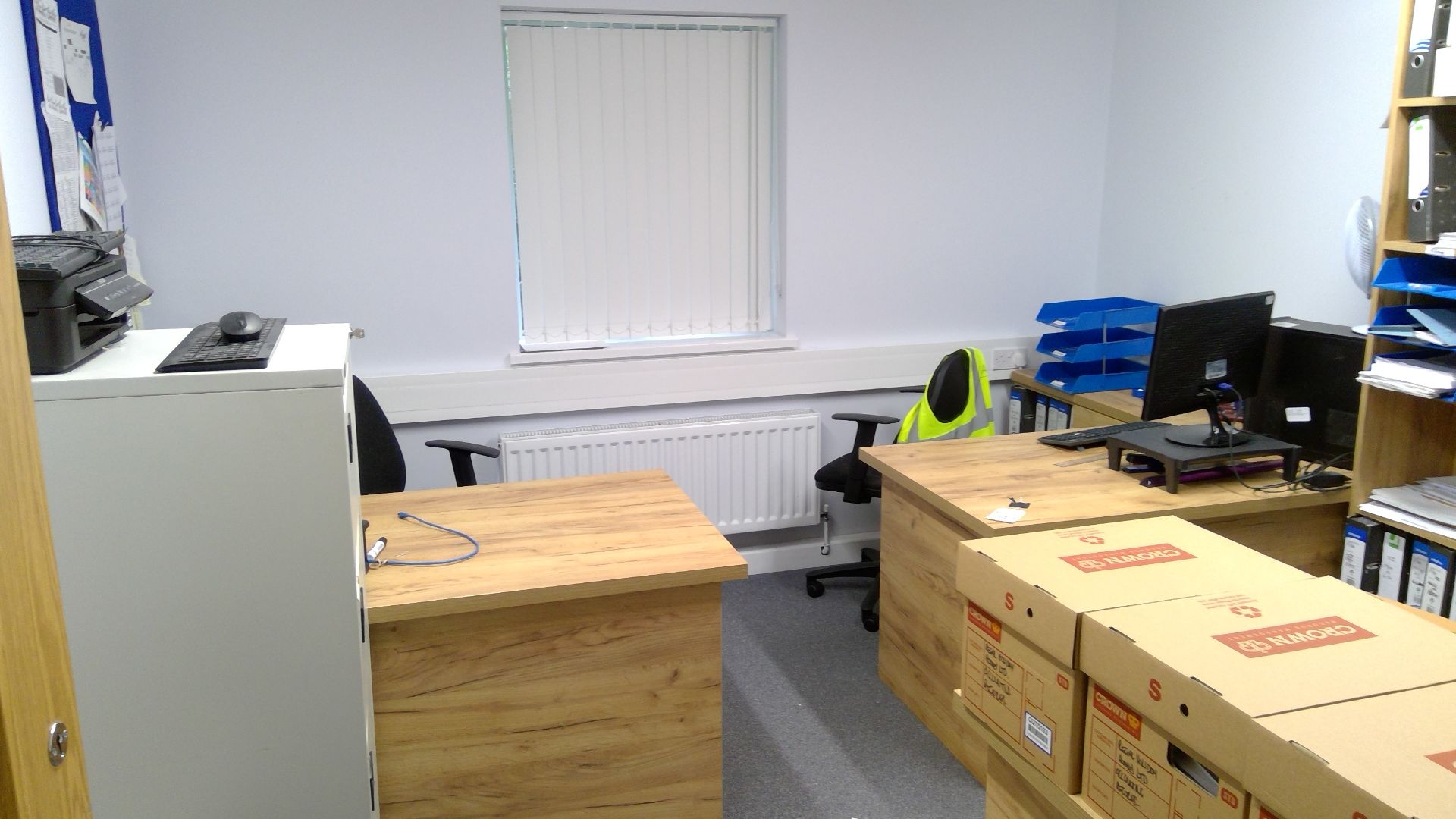 Contents of office 7 to include 3 No oak effect desks, 3 No pedestals, filing cabinet, 5 No bookcase