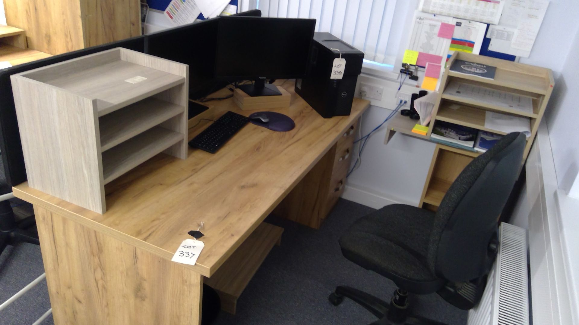 Oak effect single pedestal desk with privacy screen, bookcase and chair