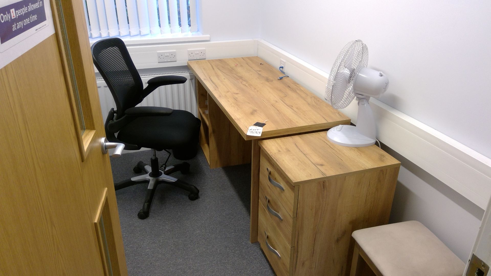 Contents of office 2 to include oak effect desk, pedestal, chair and bookcase