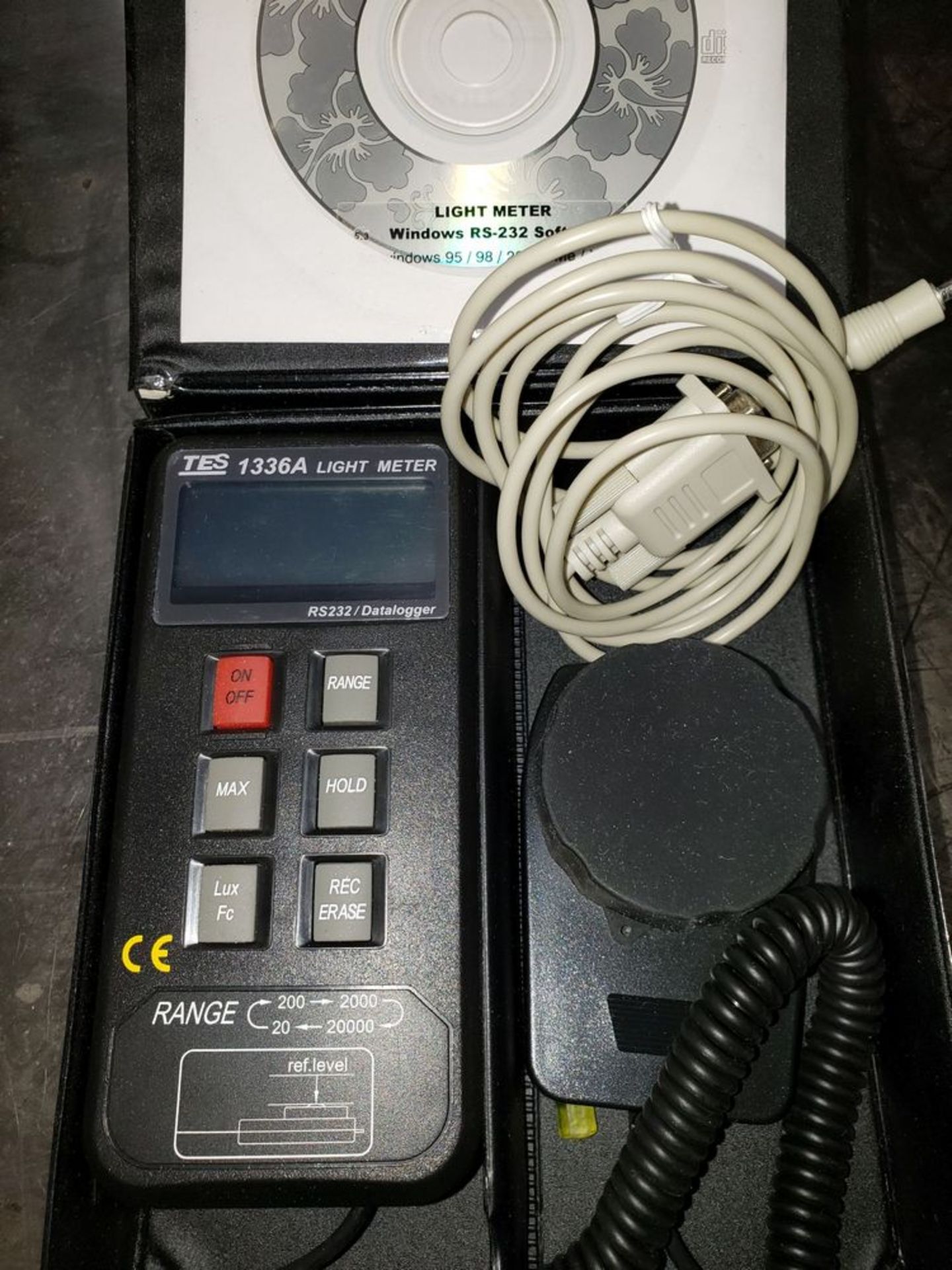 TES Light Meter in Case, model 1336A, with attachments and software.