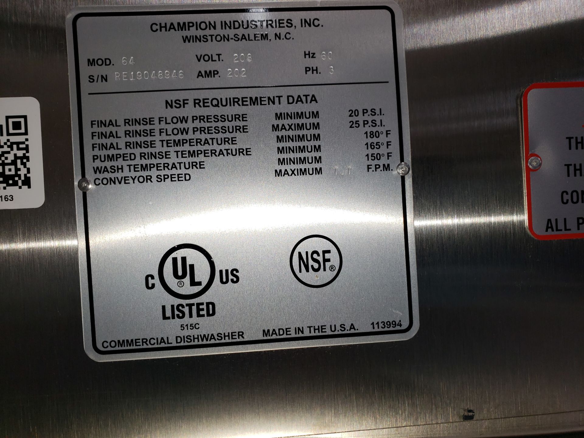 UNUSED CHAMPION TWO TANK RACK CONVEYOR DISHWASHER - STAINLESS STEEL CONSTRUCTION - Image 10 of 17