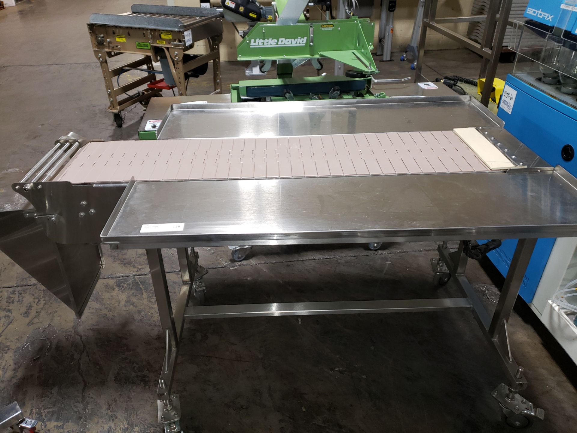 Pack-off conveyor, stainless steel construction, 12" wide x 50" long conveyor section