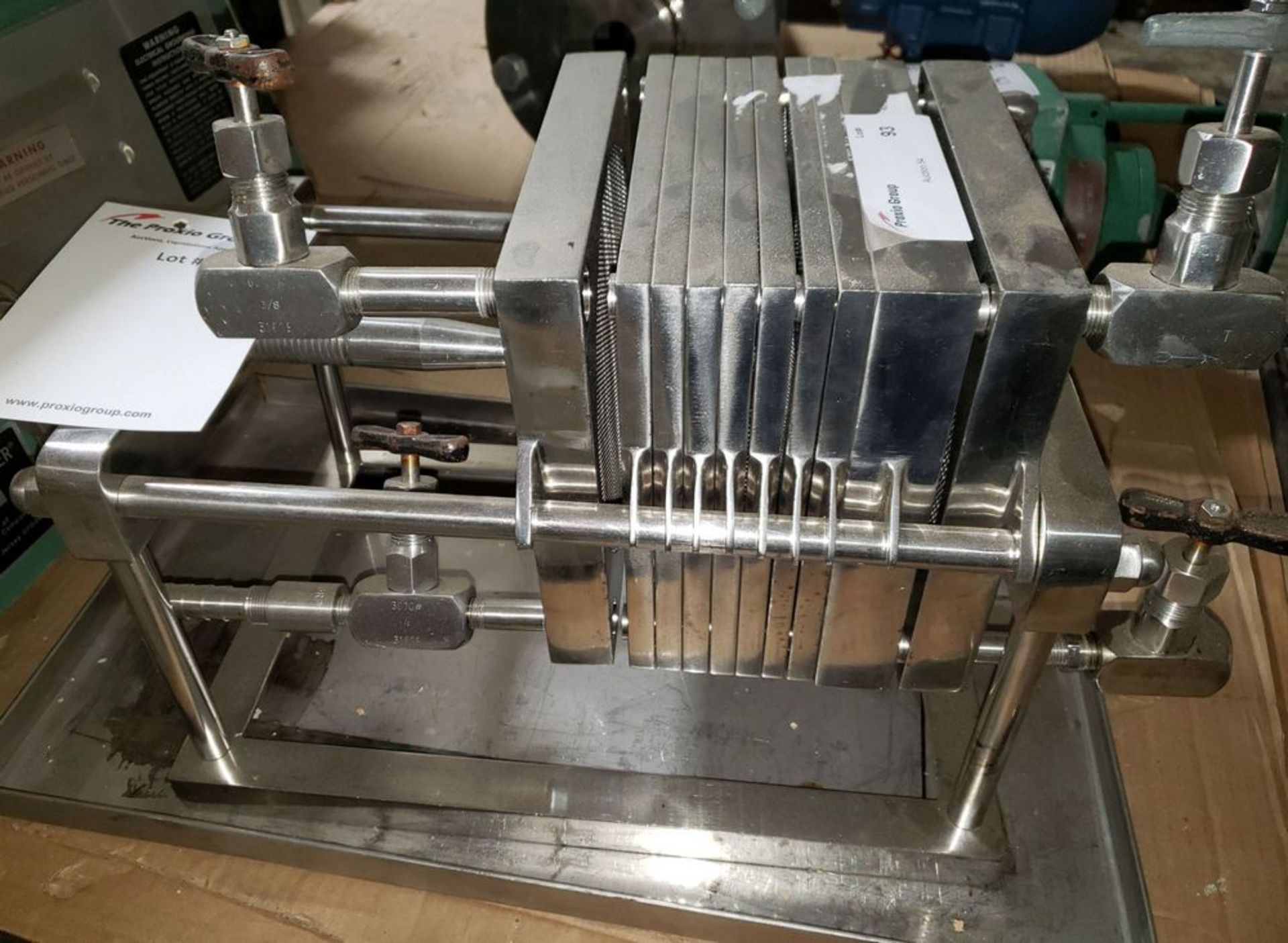 F.R. Horman filter press, model ST80, 20 cm x 20 cm x 1 cm thick stainless steel plates