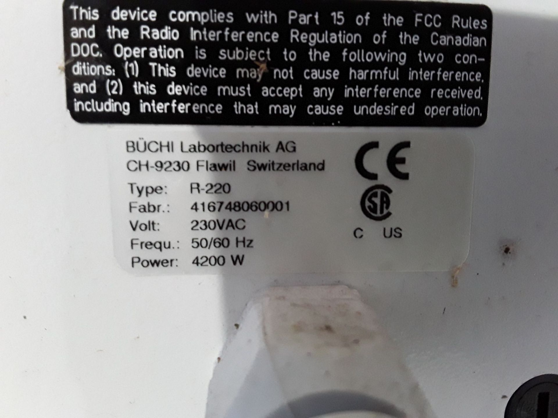 Buchi Rotovap Type R-220, Serial number 416748060001, 230v, 50/60HZ, 4200 W. With plastic and - Image 2 of 14