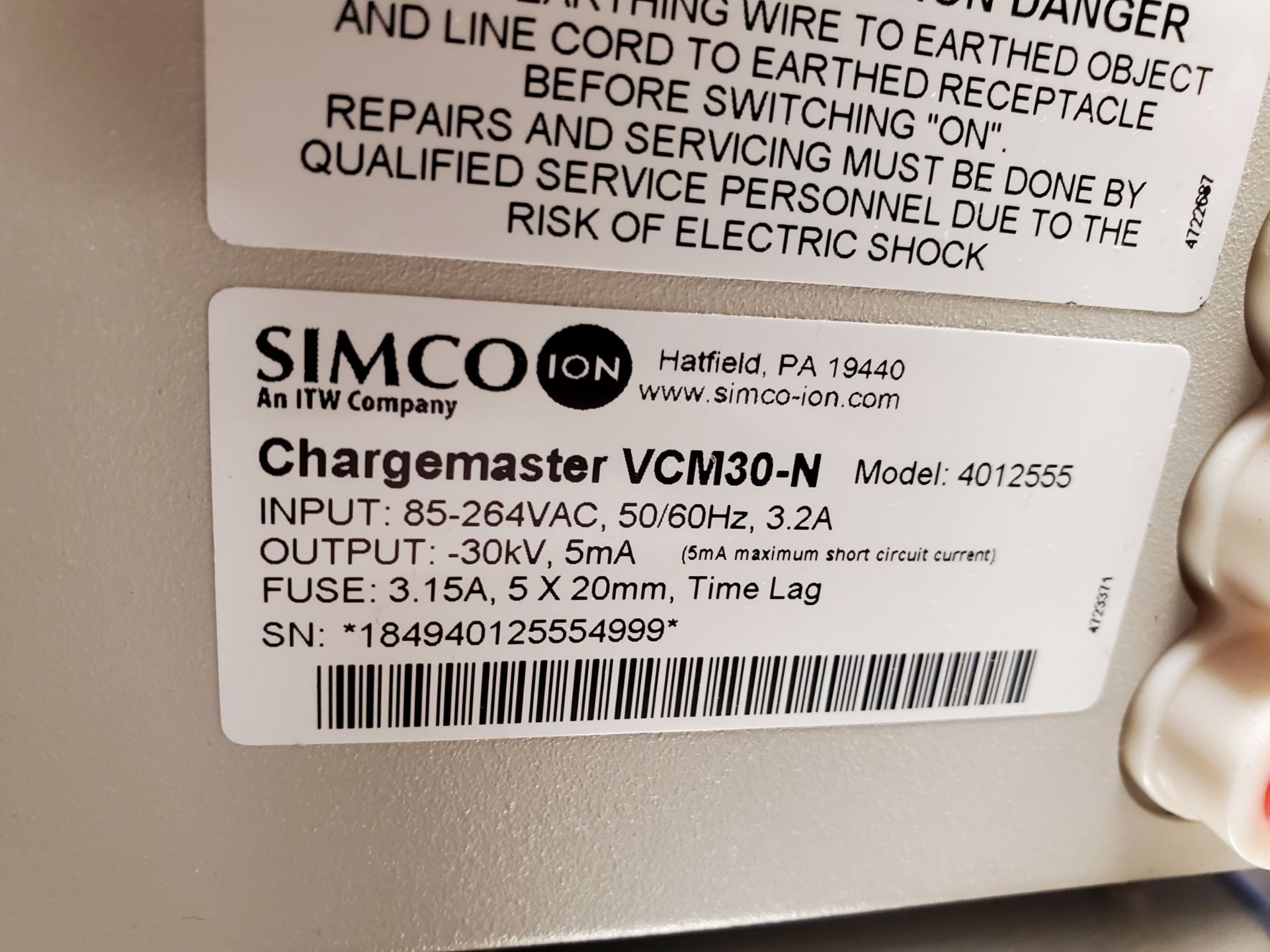 Simco ION Static Charger, ChargeMaster VCM30-N, model # 4012555, 115 volt, with PINNER LP charging - Image 2 of 6