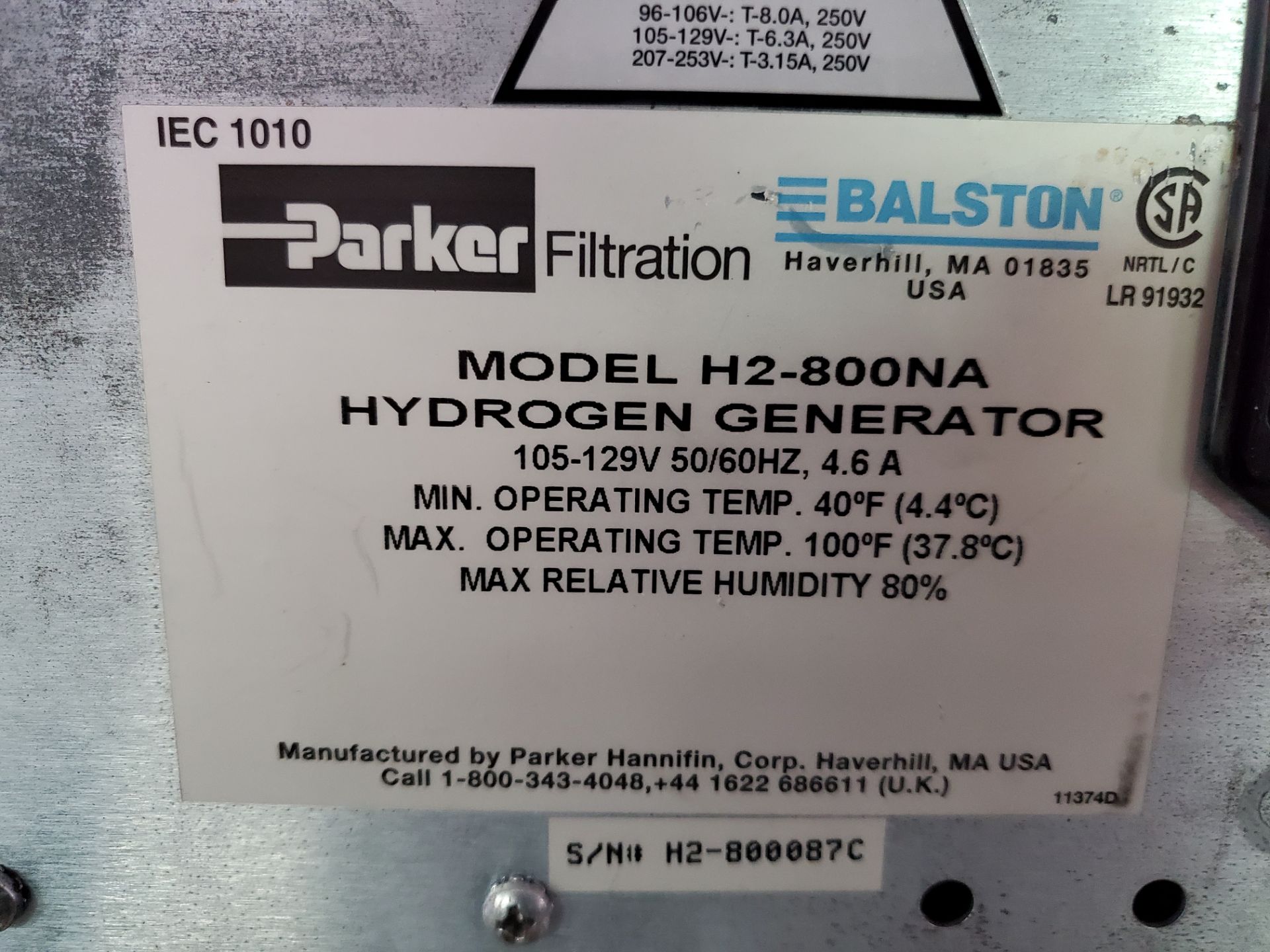 Parker Hydrogen Generator, model H2-800NA, serial# 087C. - Image 2 of 5