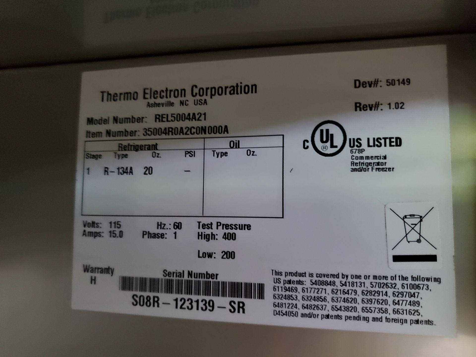 Revco/Thermo Electron Freezer, model REL5004A21, 53" wide x 25"deep x 53" high chamber, R134a - Image 6 of 7