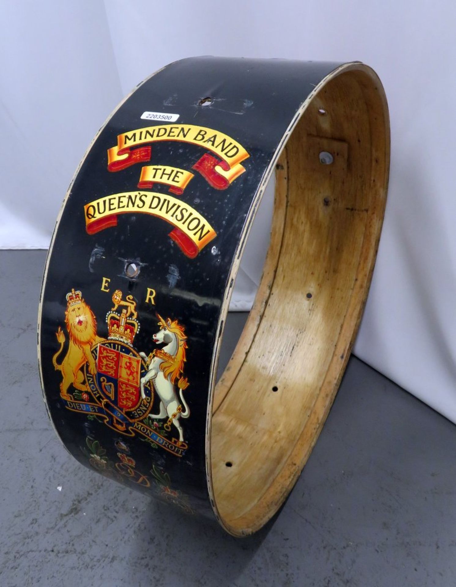 Minden Queens Division Marching Bass Drum Carcase. (damaged) - Image 2 of 8