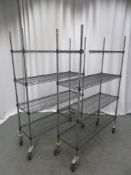 2 X MOBILE COATED WIRE STORAGE RACKS; EACH 1200 X 400 X 1770MM