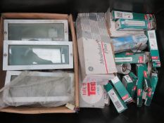 ASSORTED LIGHT BULBS, LIGHT ENCLOSURES ETC