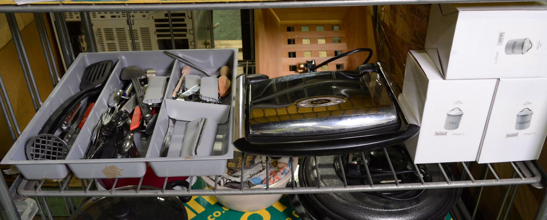 Trolley of KItchen Ware inc. Scales, Glasses, Breville Sandwich Toaster, Crockery & Cutler. - Image 4 of 8