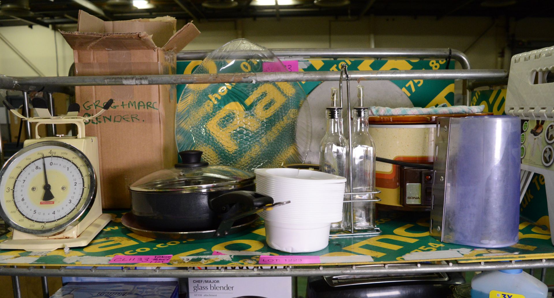 Trolley of KItchen Ware inc. Scales, Glasses, Breville Sandwich Toaster, Crockery & Cutler. - Image 2 of 8