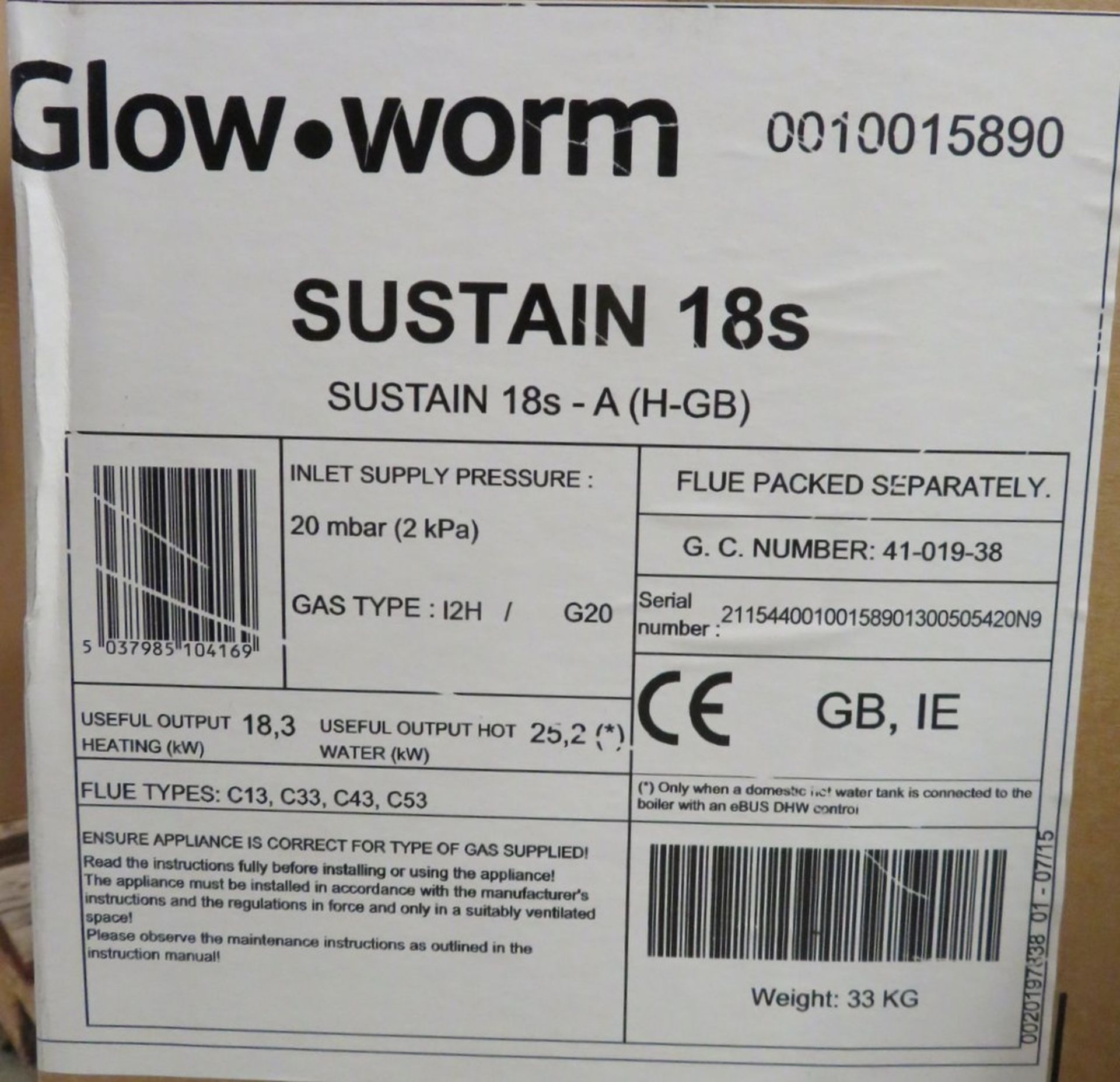 Glowworm Sustain (18s) 18kw high efficiency condensing boiler, rrp £785 - Image 3 of 3
