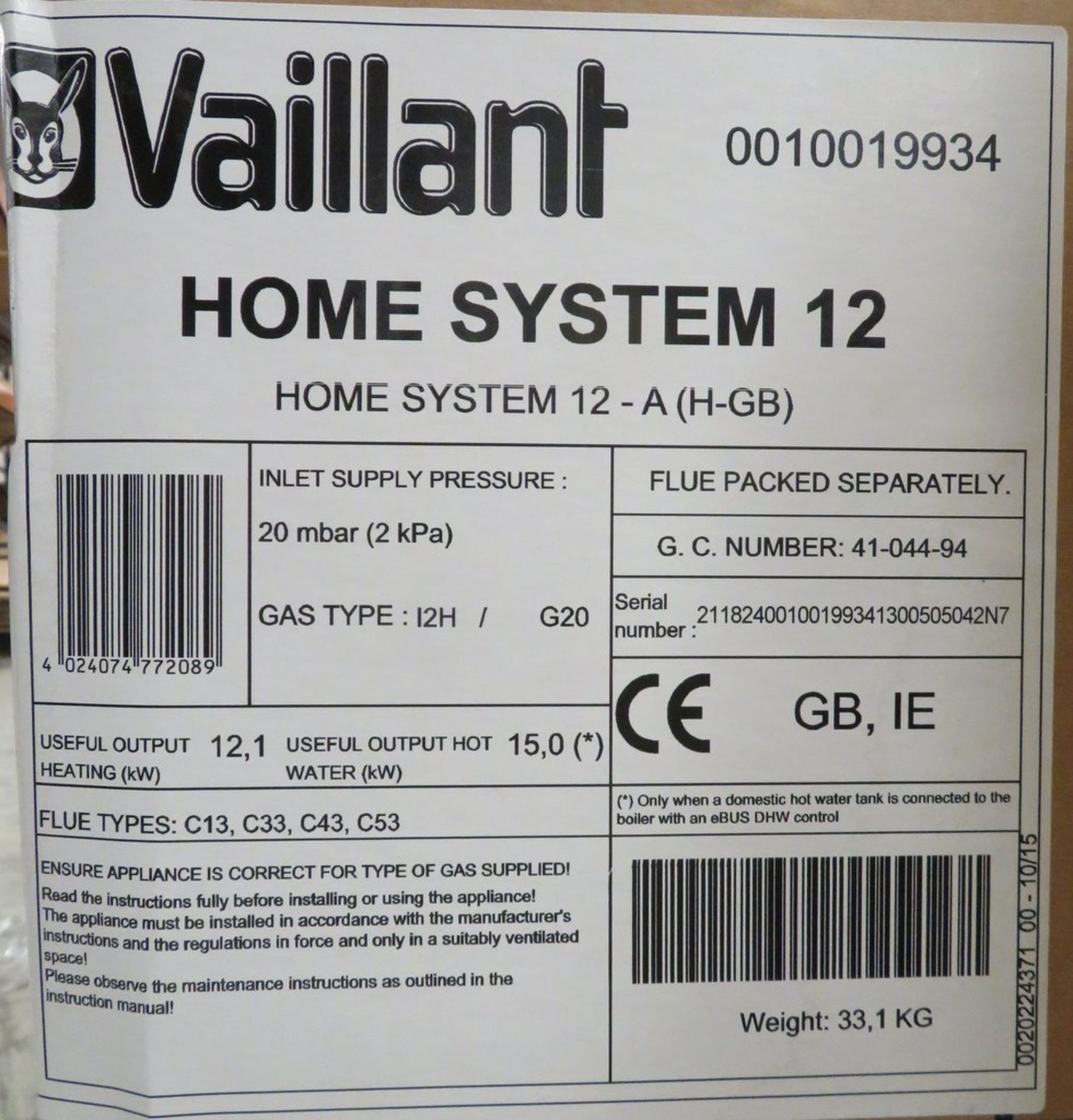 Vaillant Home System 12kw condensing boiler, new in box, rrp £688 - Image 3 of 3