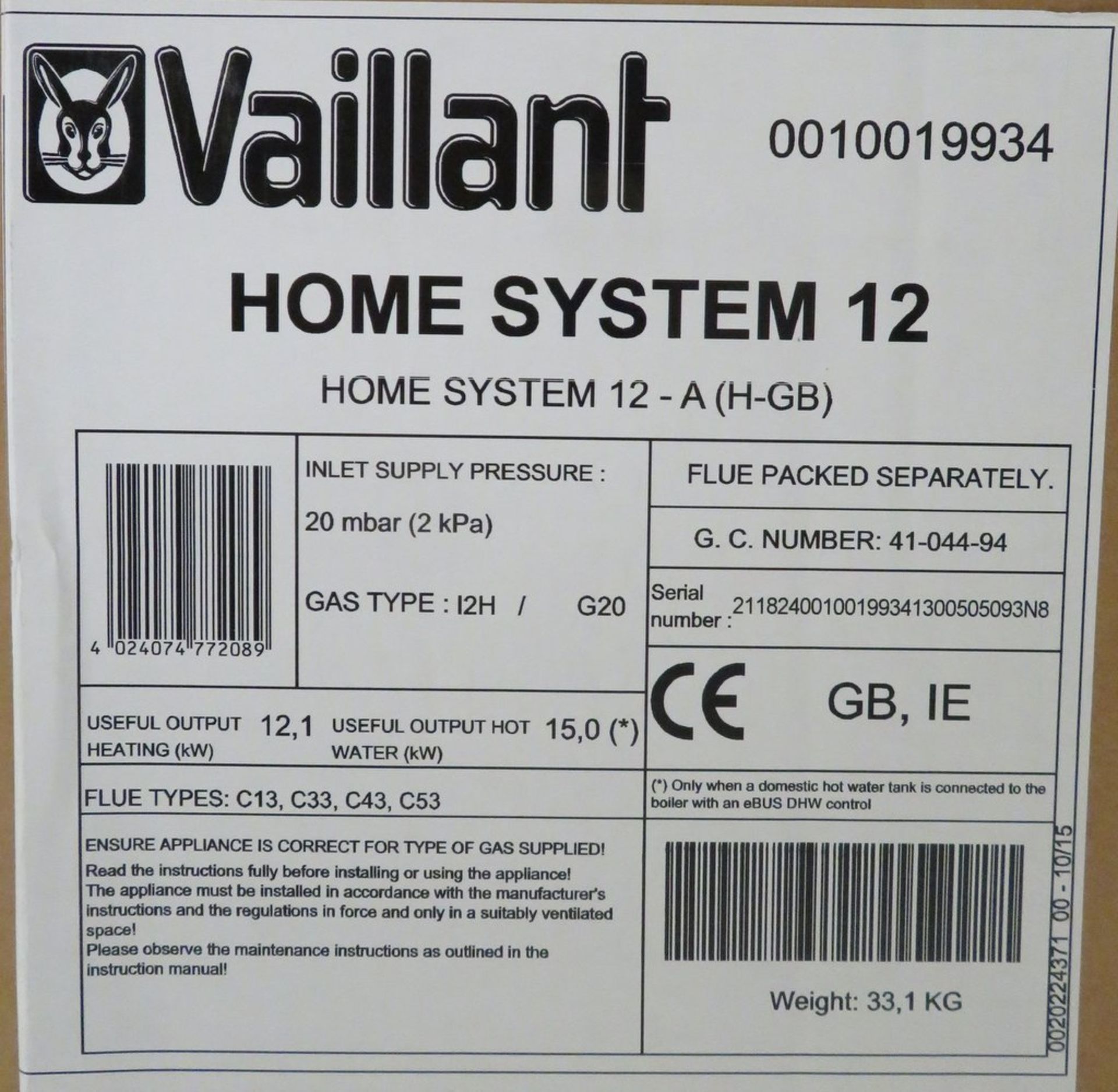 Vaillant Home System 12kw condensing boiler, new in box, rrp £688 - Image 3 of 3