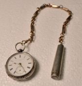 Sir John Bennet Silver (575) 1896 Pocket Watch with 35g 9ct Gold Chain - Key missing