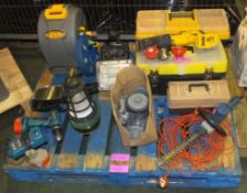 Toolboxes, Dewalt reciprocating saw, hose reels. lights, drill, hedge trimmer