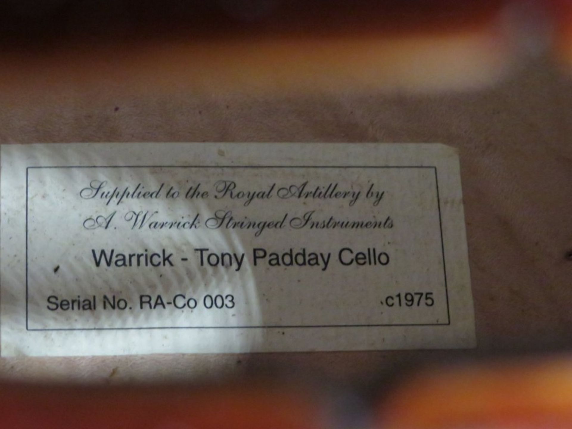 Warrick - Tony Paddy 4/4 Cello. Serial Number: RA-Co 003. C1975. Approximately 48"" Full L - Image 11 of 13