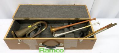 Wooden Box To Include: Post Horn And Fanfare Trumpets Horn Sections.