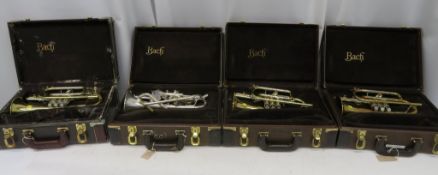 4x Vincent Bach Stradivarius 184 cornets with cases. Serial Numbers: 519302, 528842, 58489