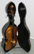 Unbranded cello with 29 inch body in case. In need of repair. Please note that this item