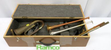Wooden box to include: post horn and fanfare trumpets horn sections.