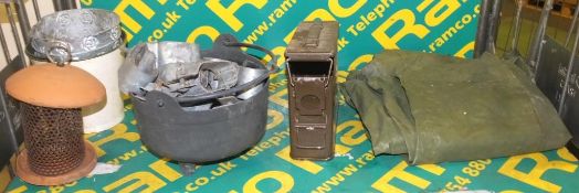 Tarpaulin cover, Small ammo tin, Cooking pot, brackets, small buckets, metal lantern housi