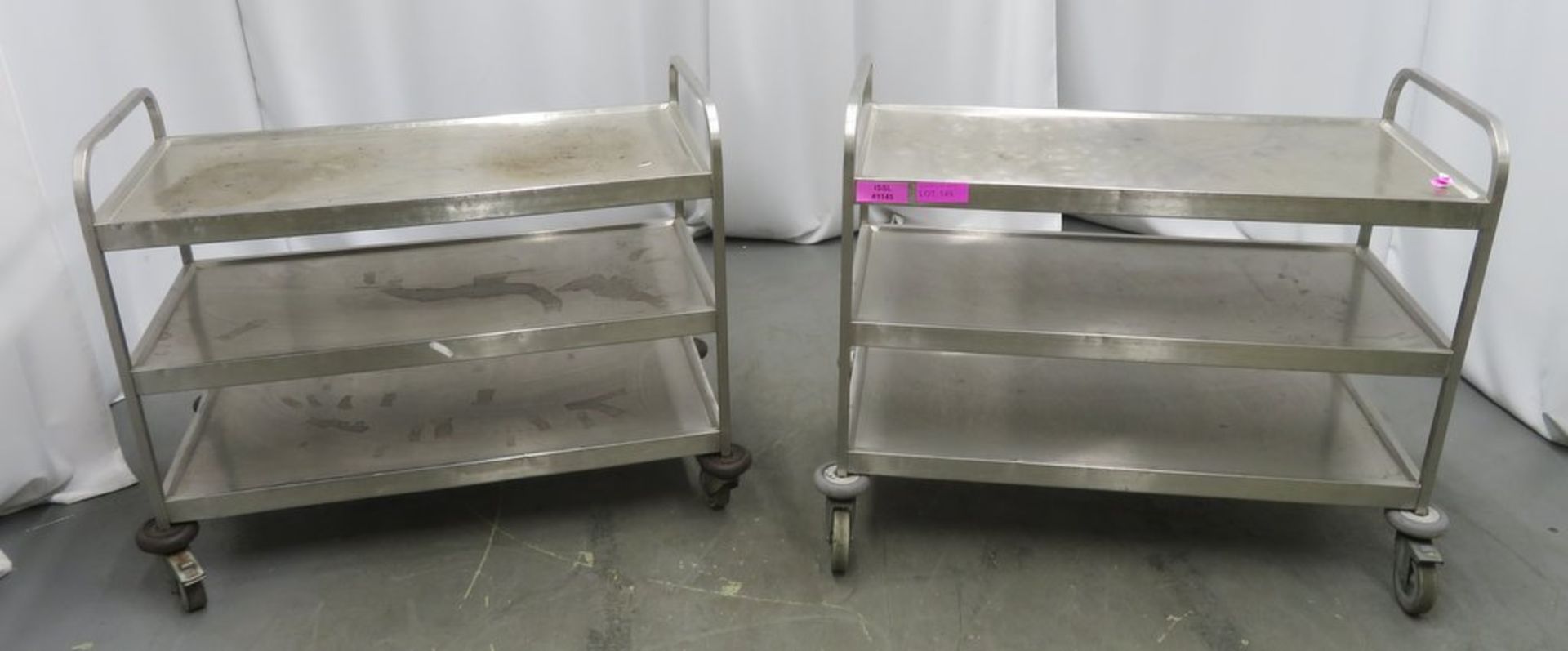 2x Stainless steel 3 tier portable canteen trolley. 1100x545x900mm