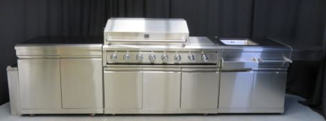 Gas 6 burner BBQ with infrared rear burner & side burner, including sink, prep table & refrigerator