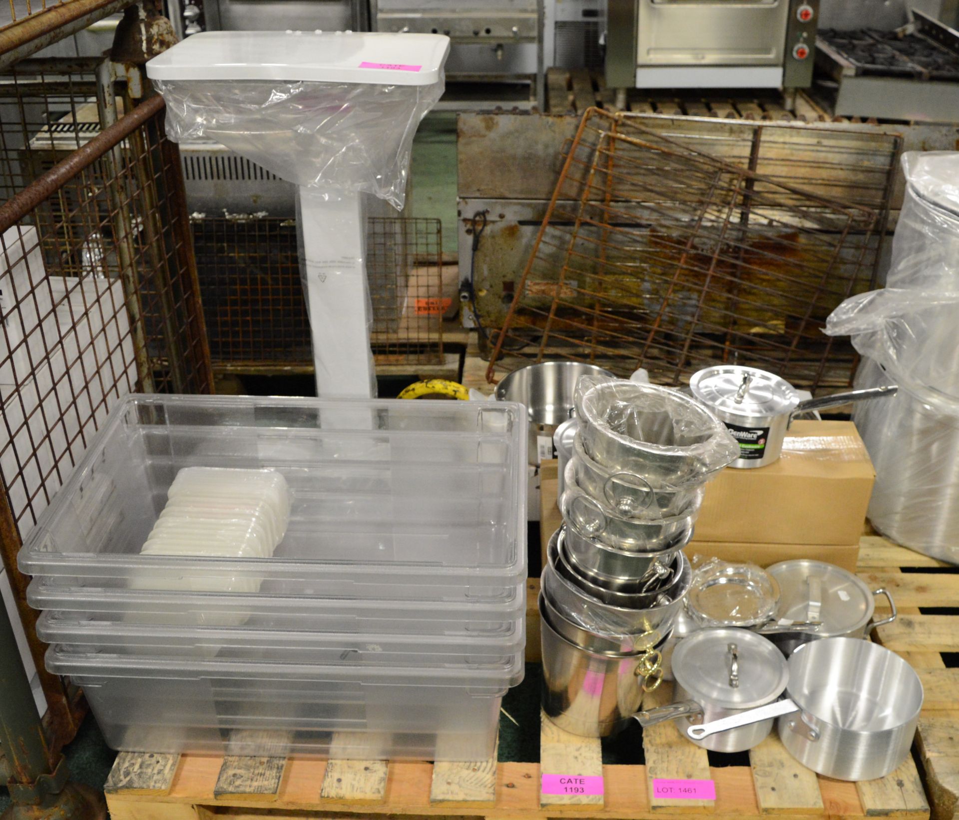 Assorted Saucepans. Plastic Trays. Waste Bag Stand.