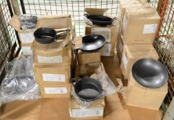 Teflon Frying Pans. Cast Iron 5.5" Pans. Black Ceramic Dishes.