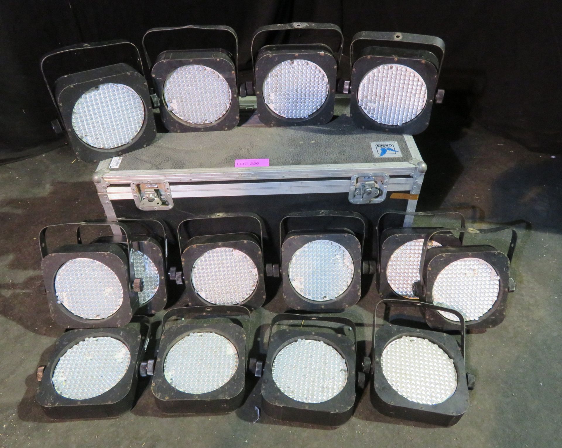 14x LED technologies Zoom flat LED par cans. Some with LEDs missing. Comes in flightcase