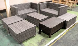 Rattan Furniture - 2x 2 seater couches, 5x short tables - well used, some parts missing fe