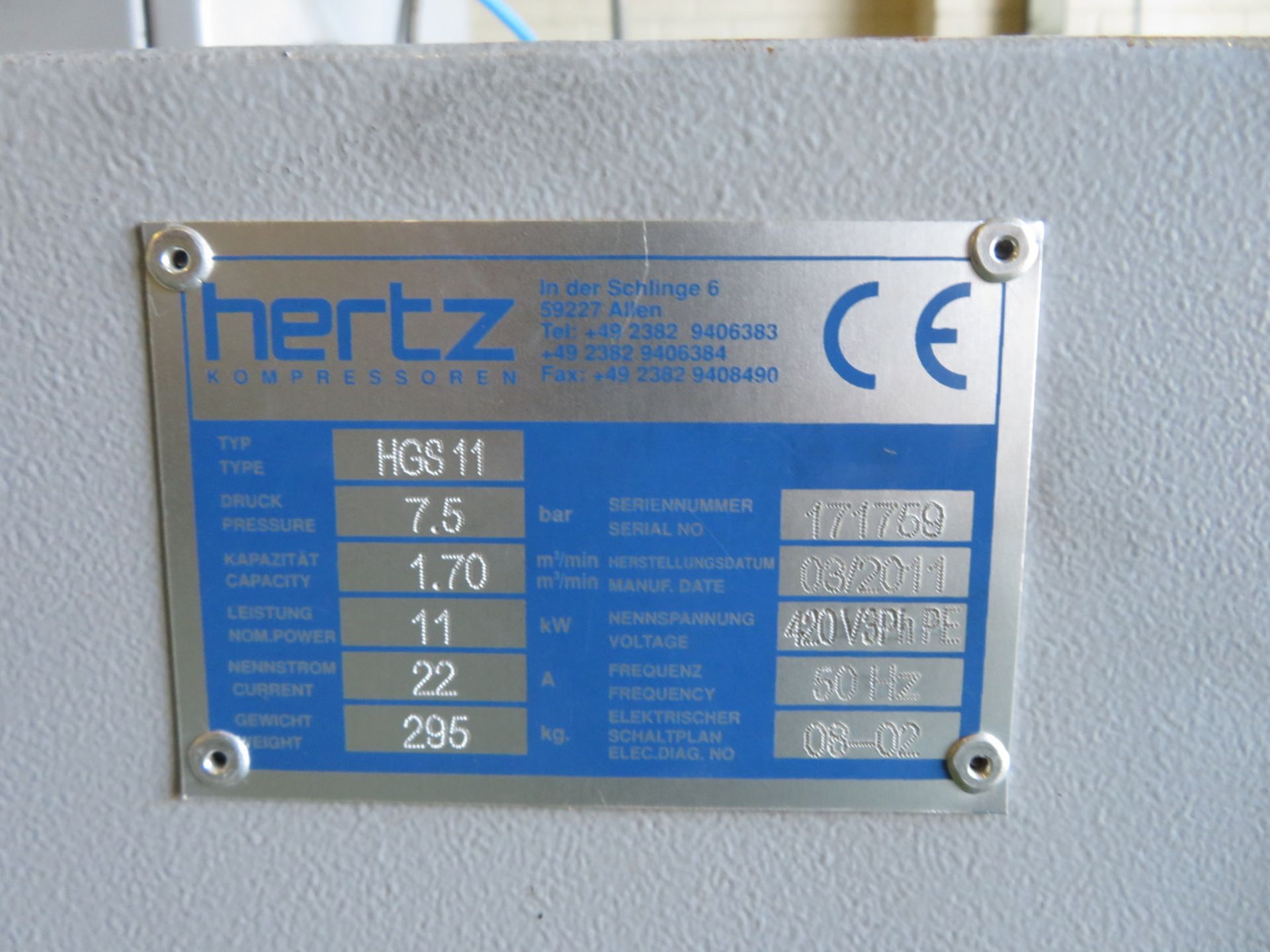 Hertz compressor HGS11 - 7.5bar - 1.7 m3/min - 1.1kW - 22A - 50hz - 420V - 3ph, Hertz comp - Image 8 of 8