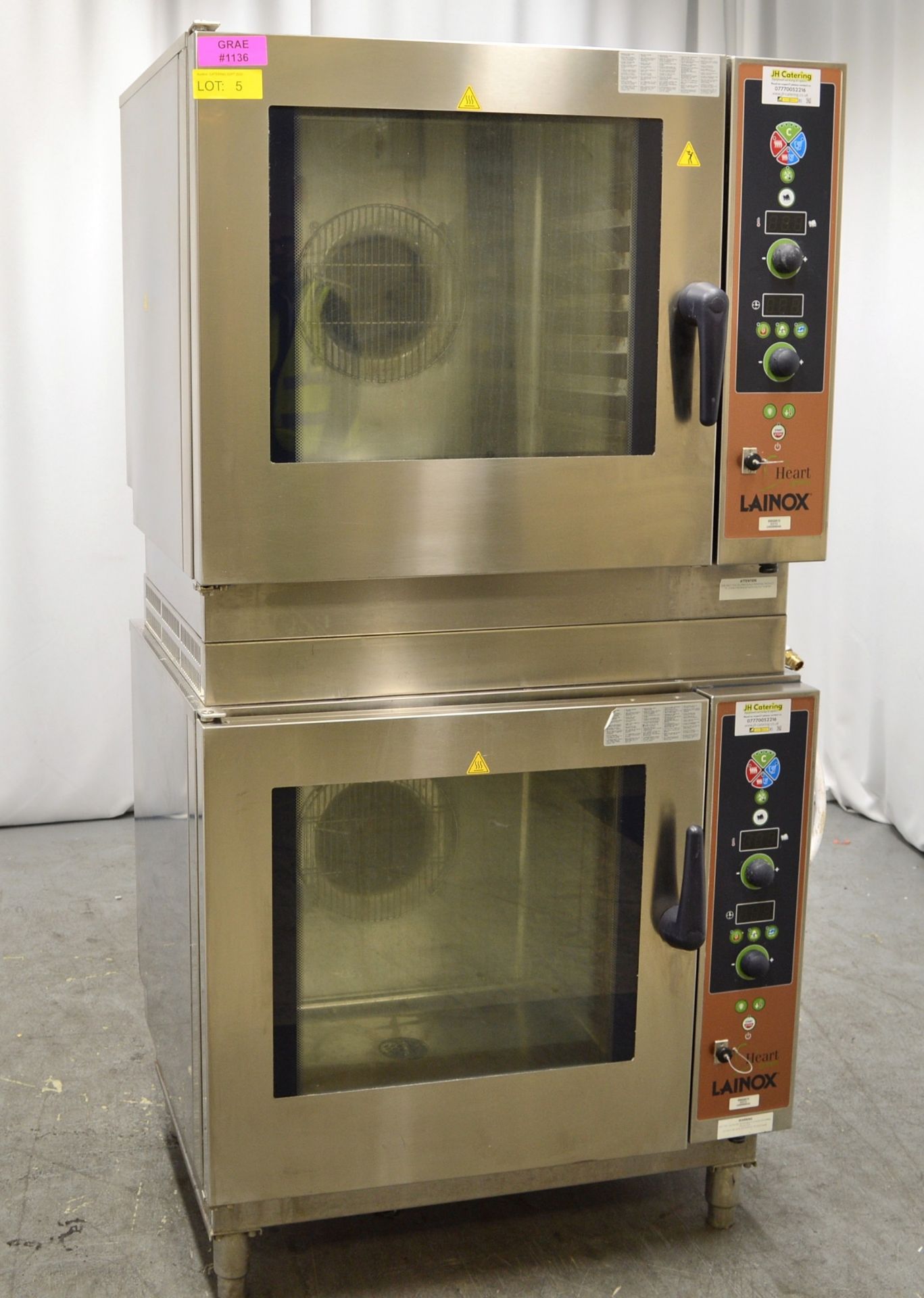 2x Stacked Lainox Gas KMG081S 8 Grid Combi Ovens - 230V 0.37kW.