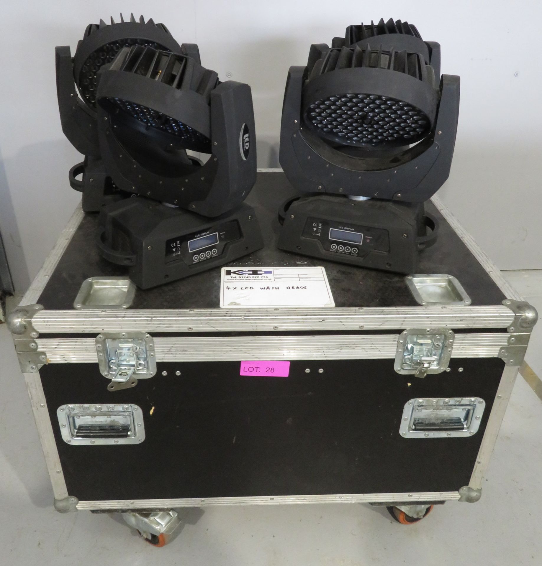 4x LED Moving head wash's in flightcase. Includes clamps but no power cables. Working Cond
