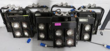 8x Showtec Mole Fay stage blinders. Includes hanging clamps. Working condition.